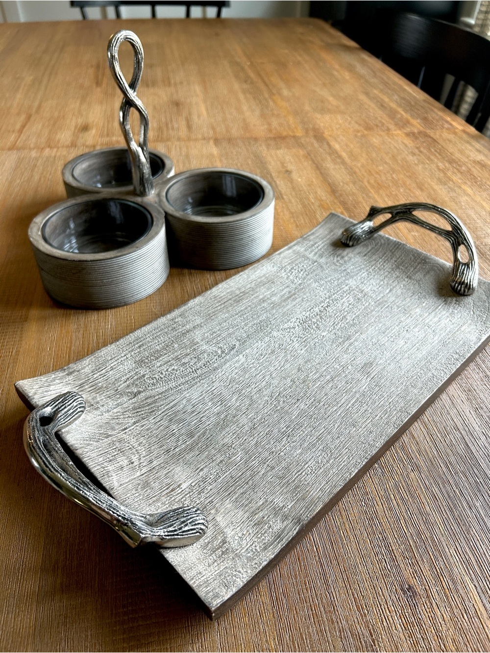 Star Home 2pc Weathered Wood Serving Set, Tray & 3-Bowl Caddy